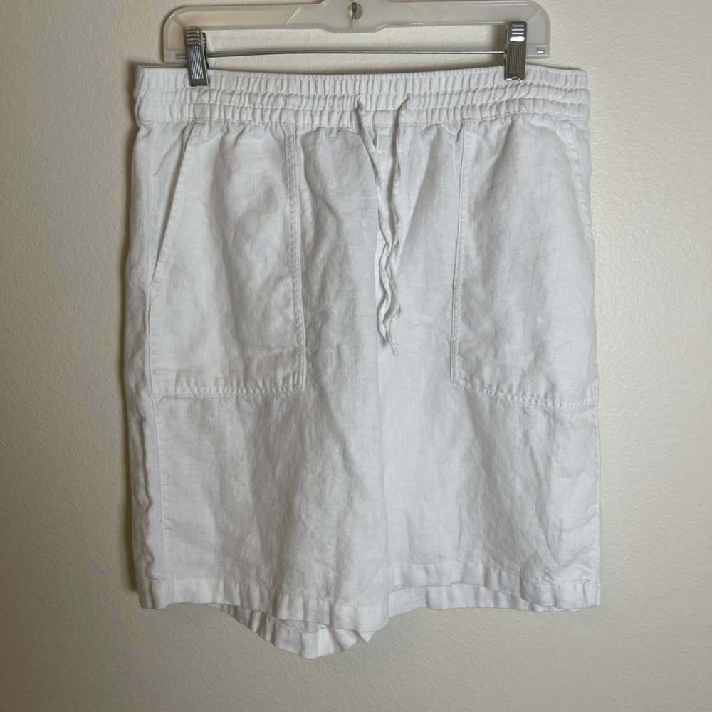 Lands End Womens White 100% Linen High Rise Bermuda Shorts M 10-12 Drawstring